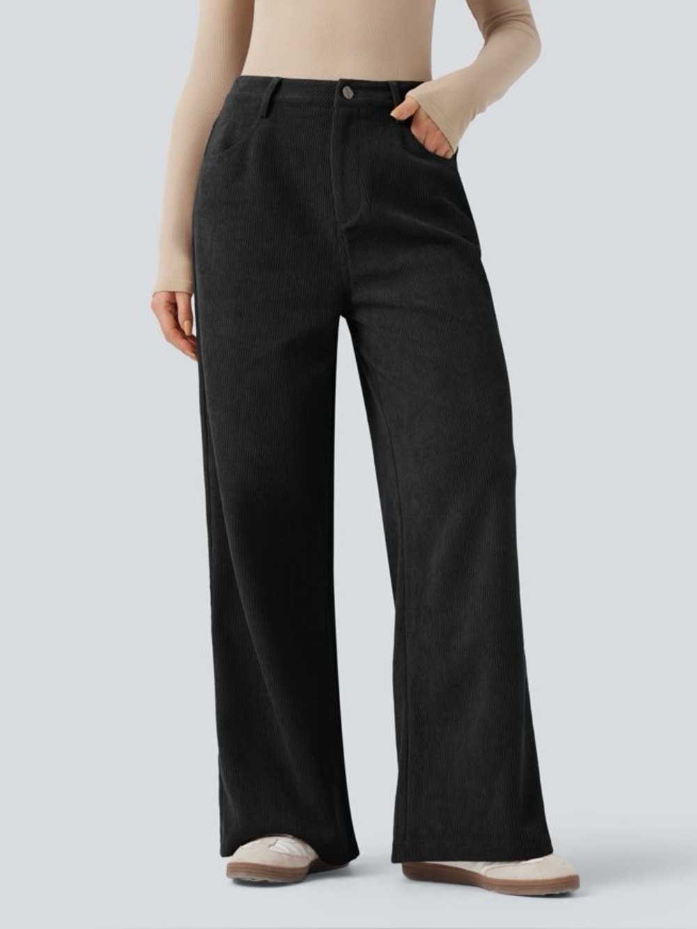 Halara Black High Waisted Corduroy Baggy Pants Pockets Size Large Regular